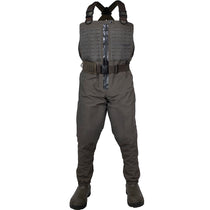 Zippered breathable wader with dark gray chest panel, suspenders, and bootfoot