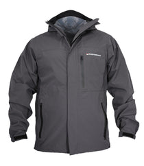 Grey waterproof rain jacket with attached hood, front zipper, and chest logo pocket.