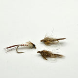 Set of three brown feather fishing flies with gold hooks