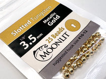 Slotted tungsten beads in metallic gold, 25-pack with round beads in clear plastic sleeve.