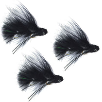 Black feather streamer flies set (3 pack), green accented eyes