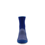 Blue mini crew socks with gray heel cap and cushioned sole texture.