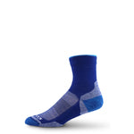 Blue mini crew socks with gray cushioned sole and heel-toe panels.