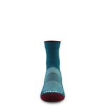 Teal mini crew socks with maroon toe and cushioned sole texture underfoot.