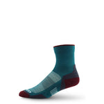 Teal mini crew socks with dark maroon heel and toe, cushioned foot pattern.