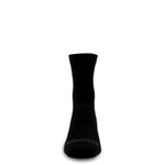 Black merino wool running socks, micro mini crew; MINUS33 logo at toe, smooth back.