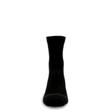 Black merino wool running socks, micro mini crew; MINUS33 logo at toe, smooth back.