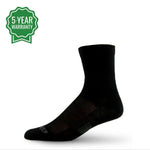 Black merino wool running socks, micro mini crew; ribbed ankle and cushioned toe/heel.