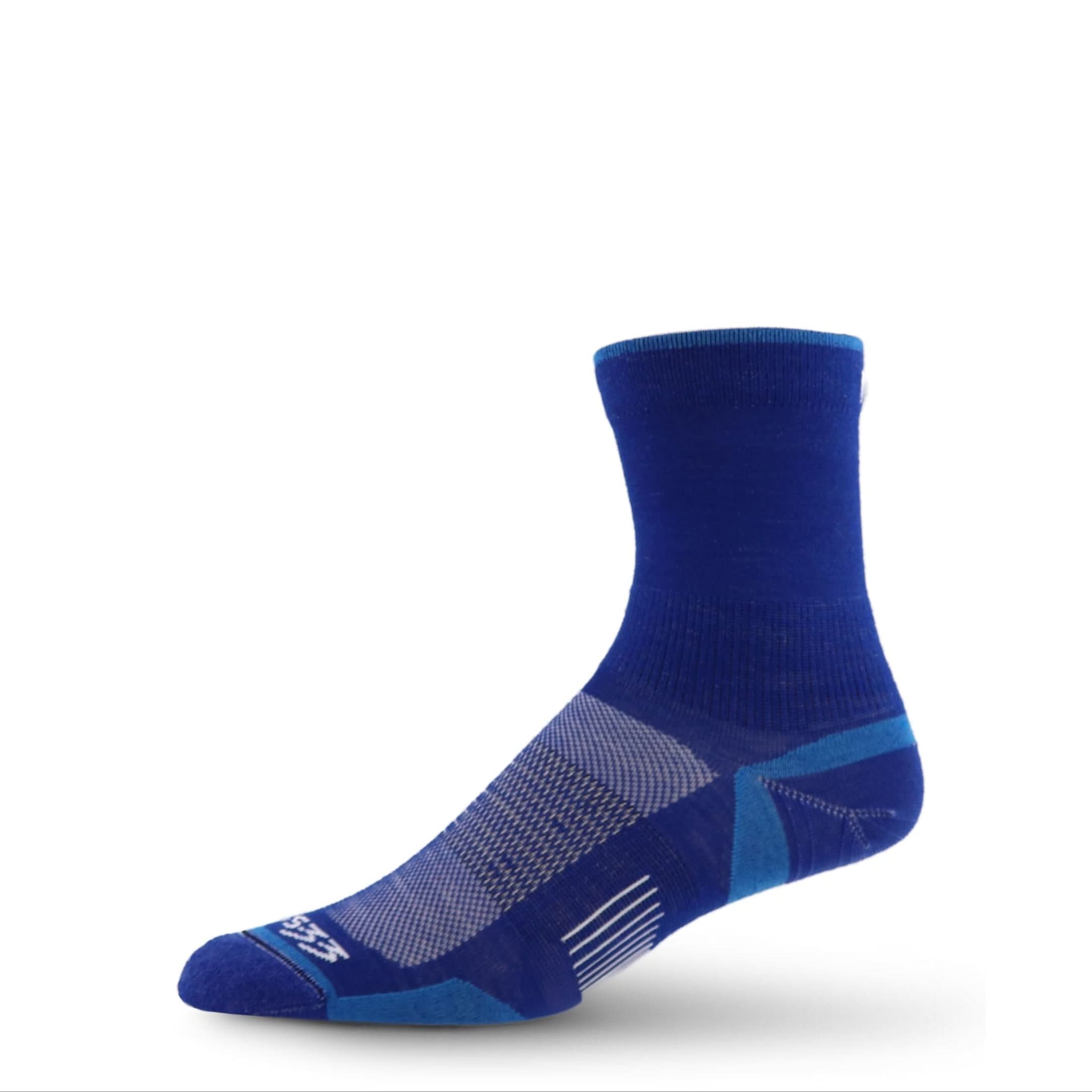 Blue merino wool running socks, micro mini crew; gray vent panel and ribbed arch.