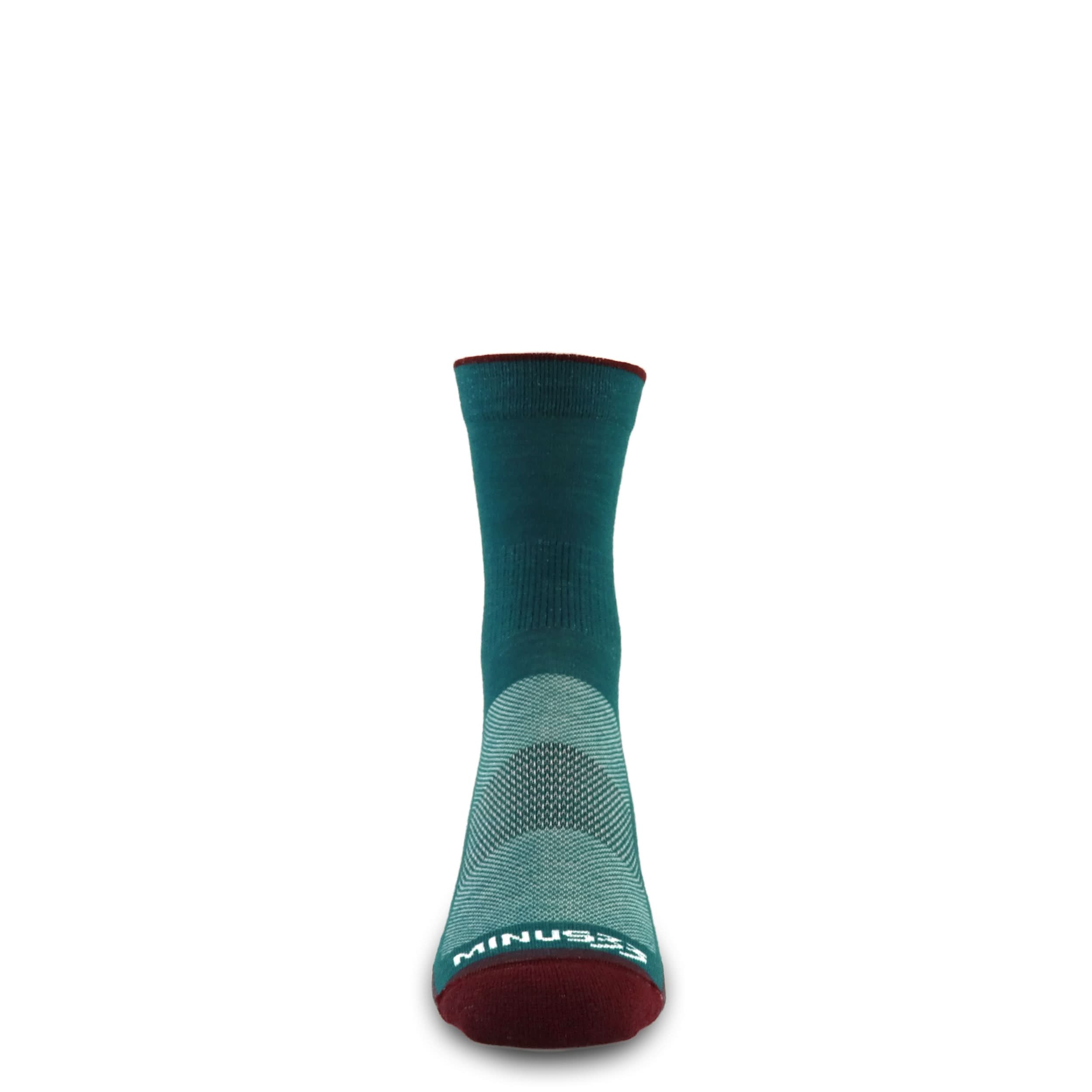 Teal merino wool running socks, micro mini crew; MINUS33 logo and red toe trim.