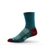 Teal merino wool running socks, micro mini crew; gray vent panel and red toe cap.