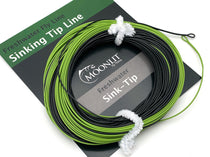 Moonlit sink-tip fly line spool, neon green and black with white connector loops