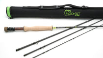 Moonlit V2 fly fishing rod with black case, cork handle, green branding