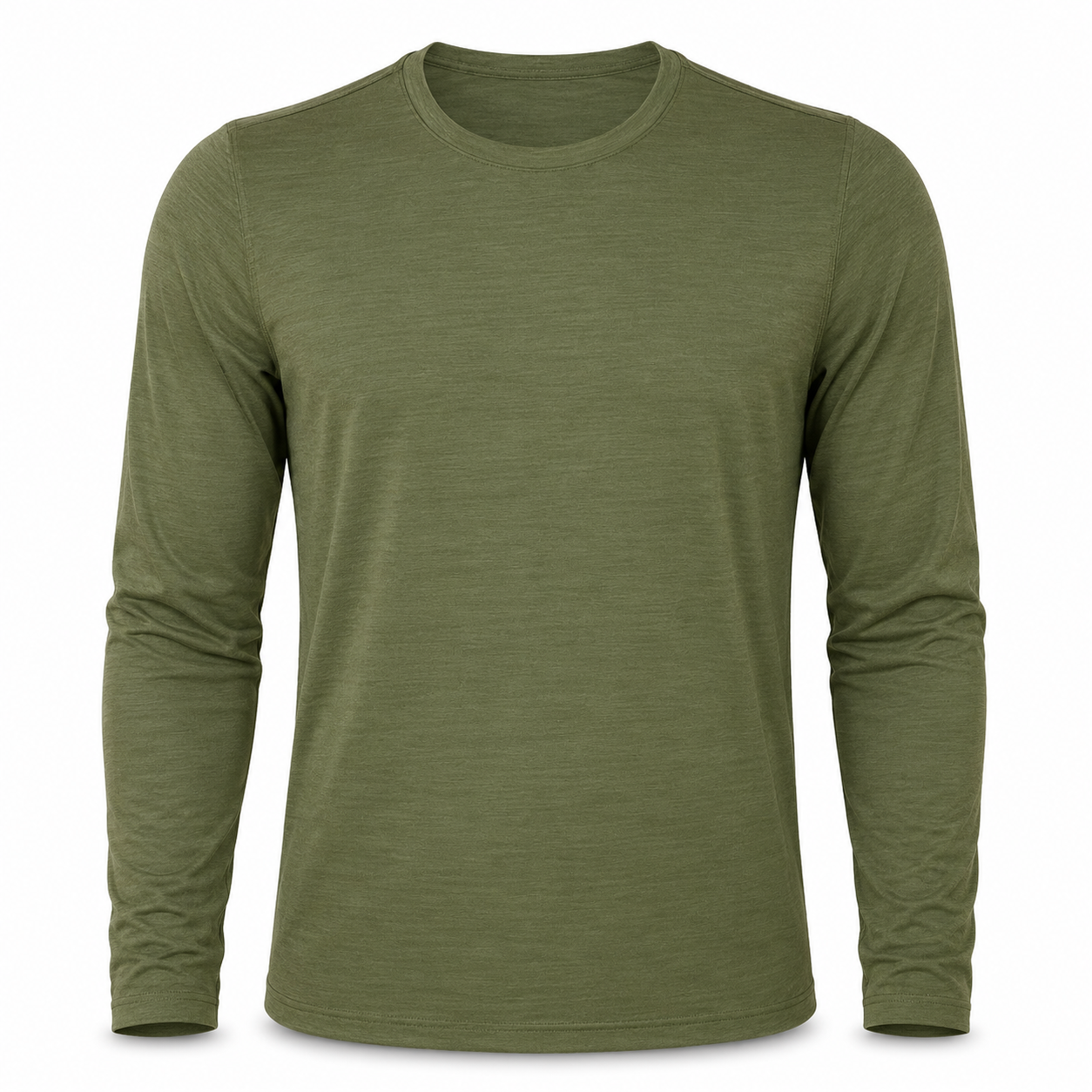 Olive green long sleeve crew-neck shirt with smooth jersey texture.