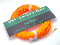 Orange floating fly line with precision taper, coiled on spool, retail label