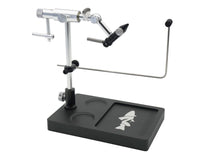 Black vise base with fish icon and silver rotary clamp assembly
