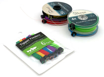 Elastic band tippet feeder 6-pack with multicolor bands and black clip ends