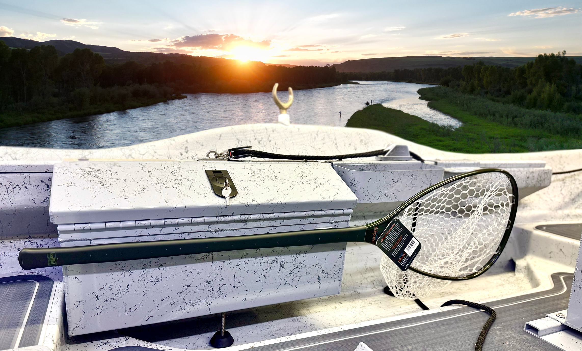 White magnetic net rack with black net, frame, and mounting posts on a boat deck