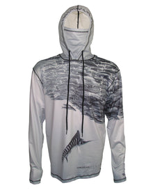 Gray marlin graphic hoodie with striped pattern, adjustable hood, and front pocket