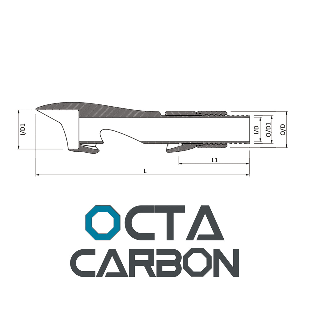 Diagram of black carbon fiber spinning reel seat with threaded end and dimensions