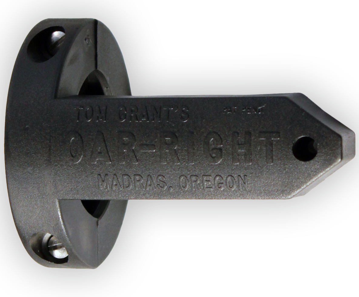 Metal oar lock bracket marked OAR-RIGHT with mounting screw holes