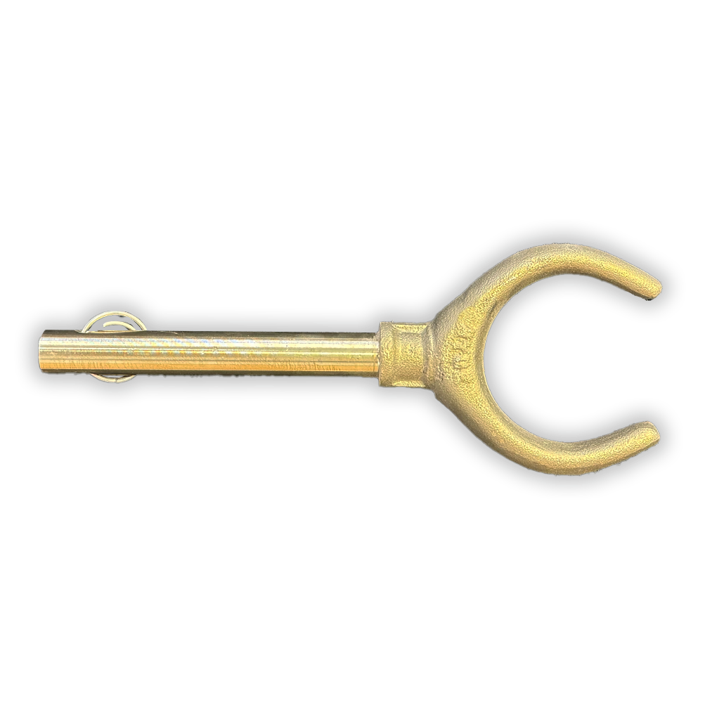 Metal oar lock with U-shaped fork and gold finish, single piece