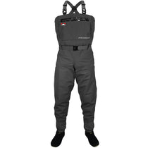 Charcoal breathable wader with suspenders, front bib, and attached booties