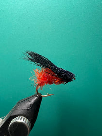 Fishing fly lure with black body, orange-red accents, and feather wing on hook