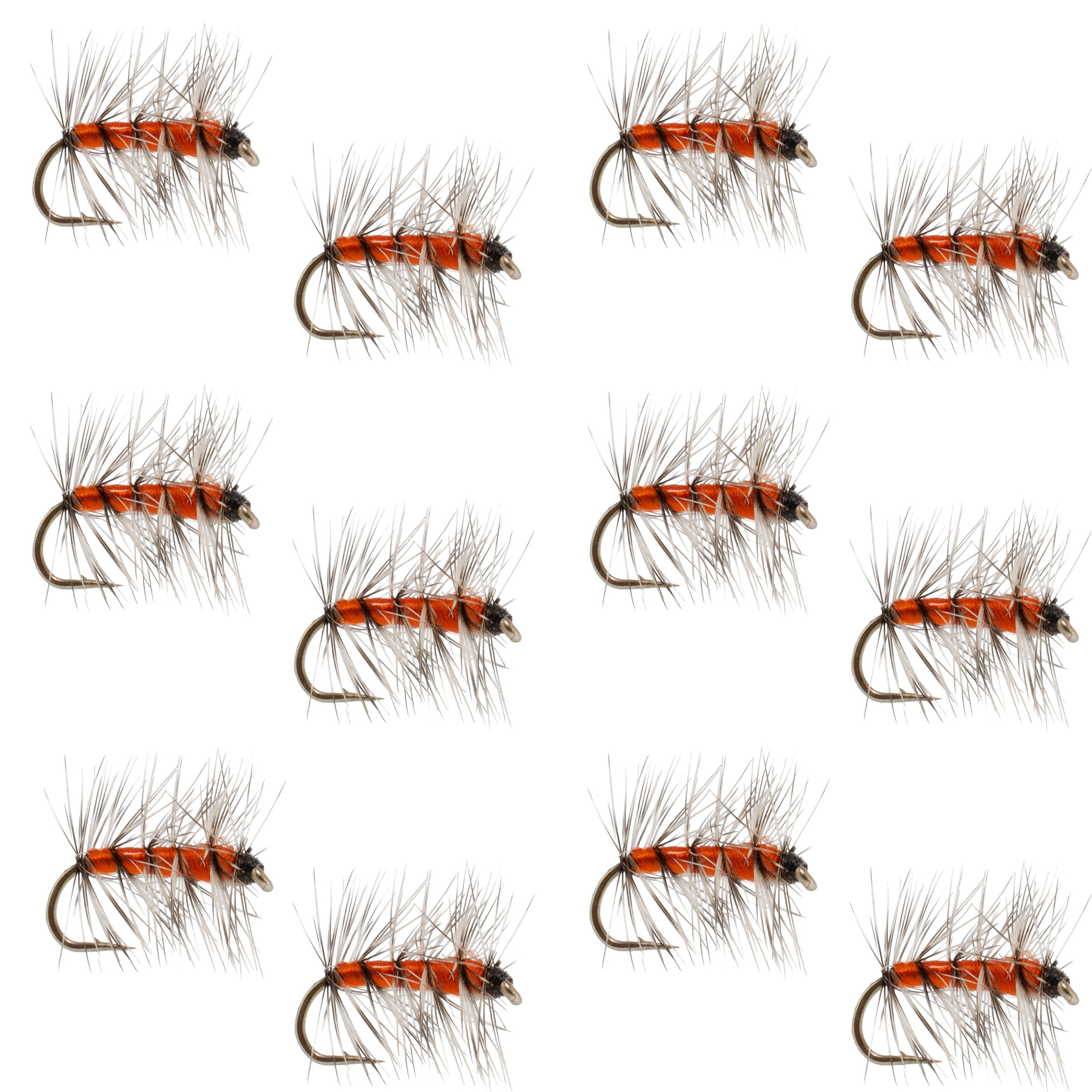 Set of orange-and-black dry flies with feather wings and visible hooks