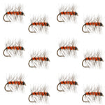 Orange and black striped dry fly with white wings and barbed hook