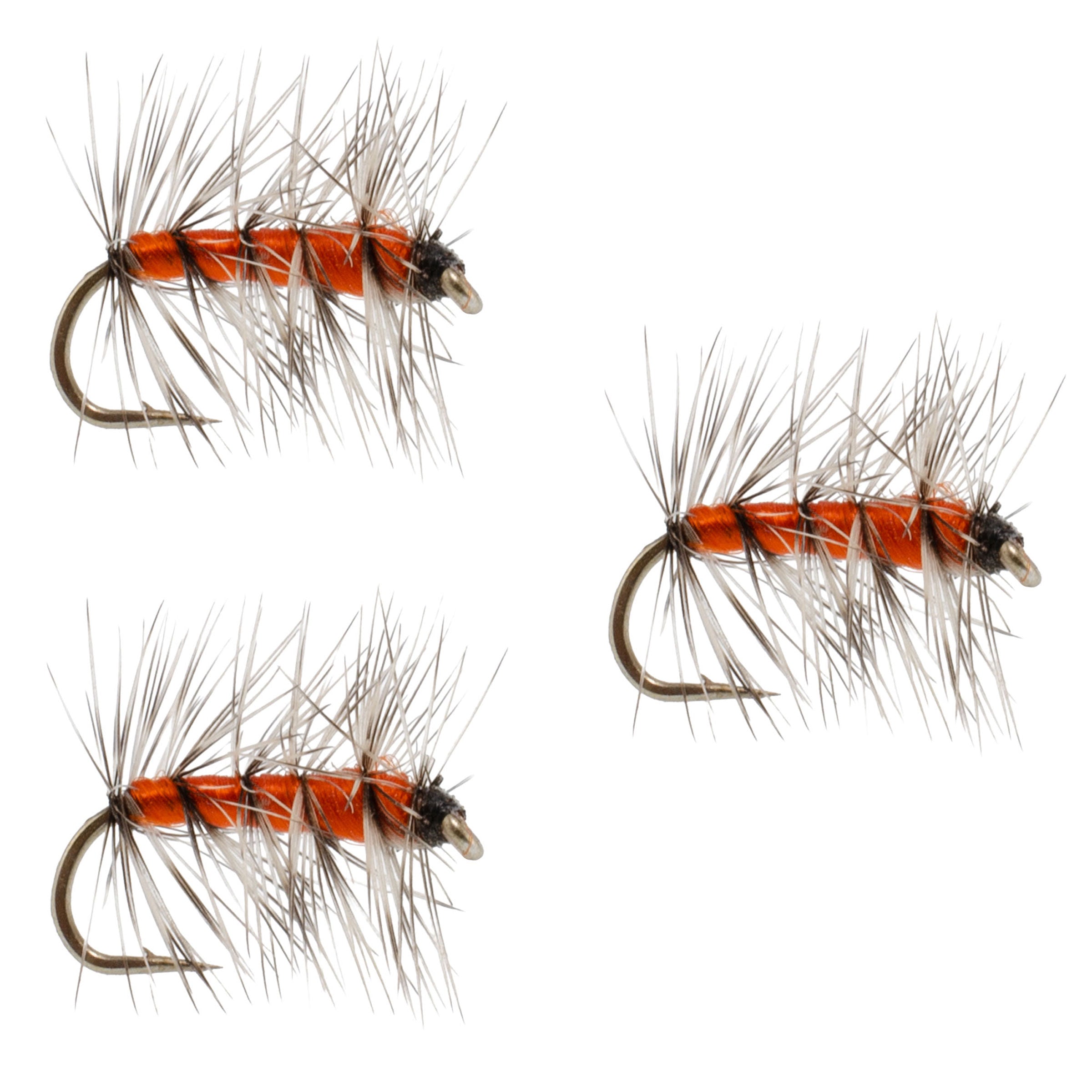 Orange and black midge dry fly on hook, size 16