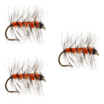Orange and black midge dry fly, size 18, with sparse white wing fibers