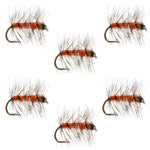 Set of six orange midge dry flies, size 16, with barbed hooks