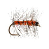 Orange-and-black striped dry fly with white wing and curved black hook