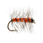 Orange-striped dry fly with light-gray wings and curved hook
