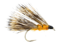Orange fly fishing lure with tan wings, black head, and size 12 hook