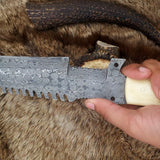 Custom Handmade Damascus Tanto Tracker Knife with Camel Bone Handle and Leather Sheath – Full Tang 12-Inch Survival Knife by KBS Knives