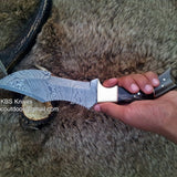 Damascus Steel Blade Tracker Knife with Buffalo Horn Handle & Leather Sheath – Custom Handmade 12-Inch Survival Knife by KBS Knives