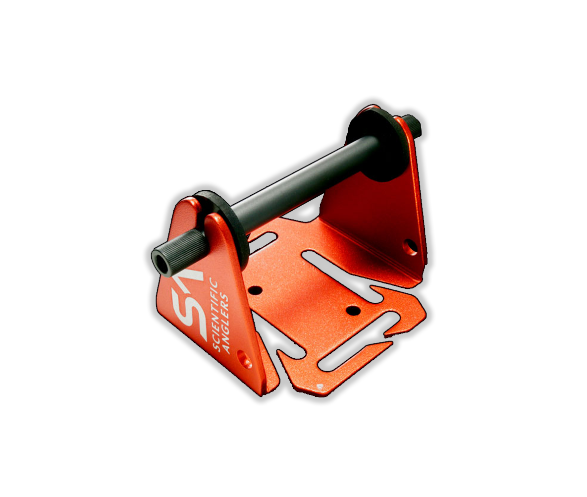 Orange and black tippet holder with metal mounting plate and cylindrical spool