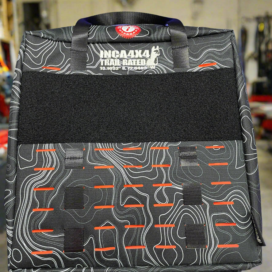 Black tool organizer bag with top handle and multiple front storage compartments