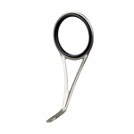 Single-foot fishing rod guide with black ring, silver frame, light foot