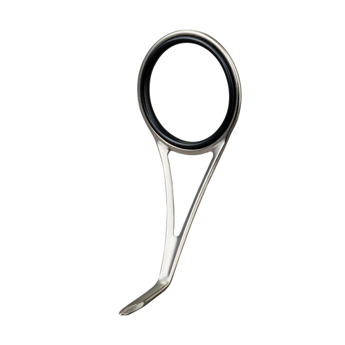 Single-foot fishing rod guide with black ring, silver frame, light foot