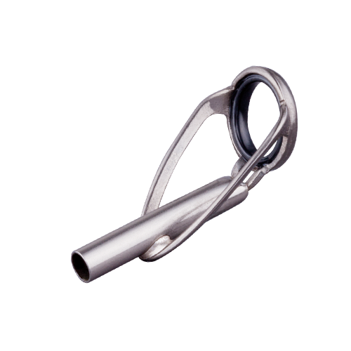 Fishing rod tip top with black zirconia ring and silver tube, angled view