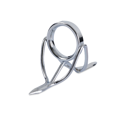 Polished silver boat rod guide with oval ring and angled frame
