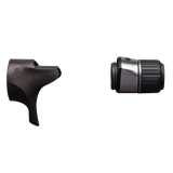 Black casting reel seat with hood and tightening nut, side view