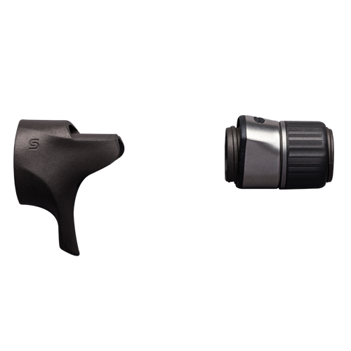 Black casting reel seat with hood and tightening nut, side view
