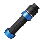 Boat rod reel seat with black textured grip and blue anodized rings