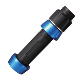 Boat rod reel seat with black textured grip and blue anodized rings
