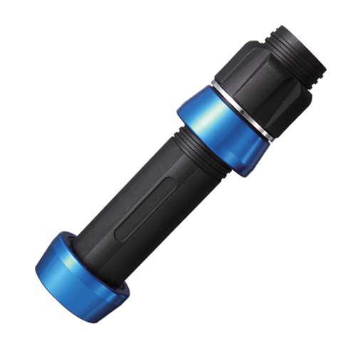 Boat rod reel seat with black textured grip and blue anodized rings