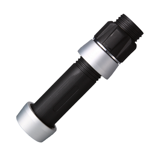 Boat rod reel seat with black textured grip and silver anodized rings